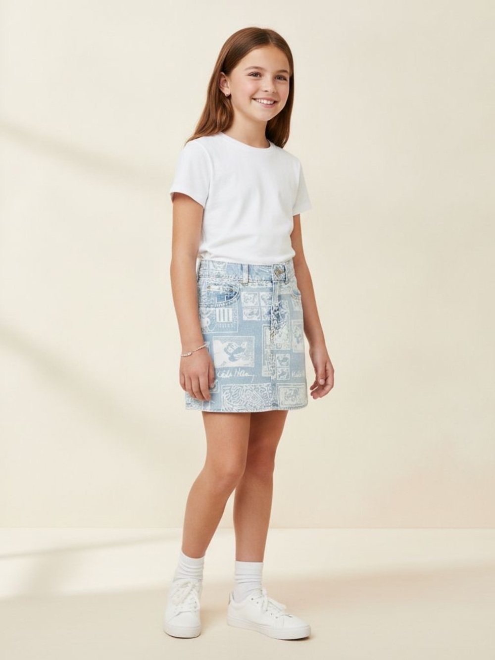 H&M Light Blue and White Printed Denim Skirt - Mikey Mouse Detail